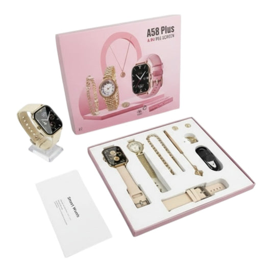 A58 Plus Smartwatch Gift Set – Smartwatch + Necklace + Bracelet + Ring