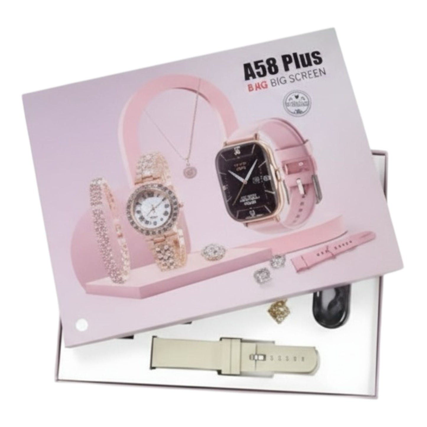 A58 Plus Smartwatch Gift Set – Smartwatch + Necklace + Bracelet + Ring