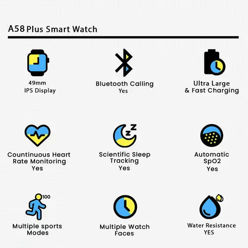 A58 Plus Smartwatch Gift Set – Smartwatch + Necklace + Bracelet + Ring